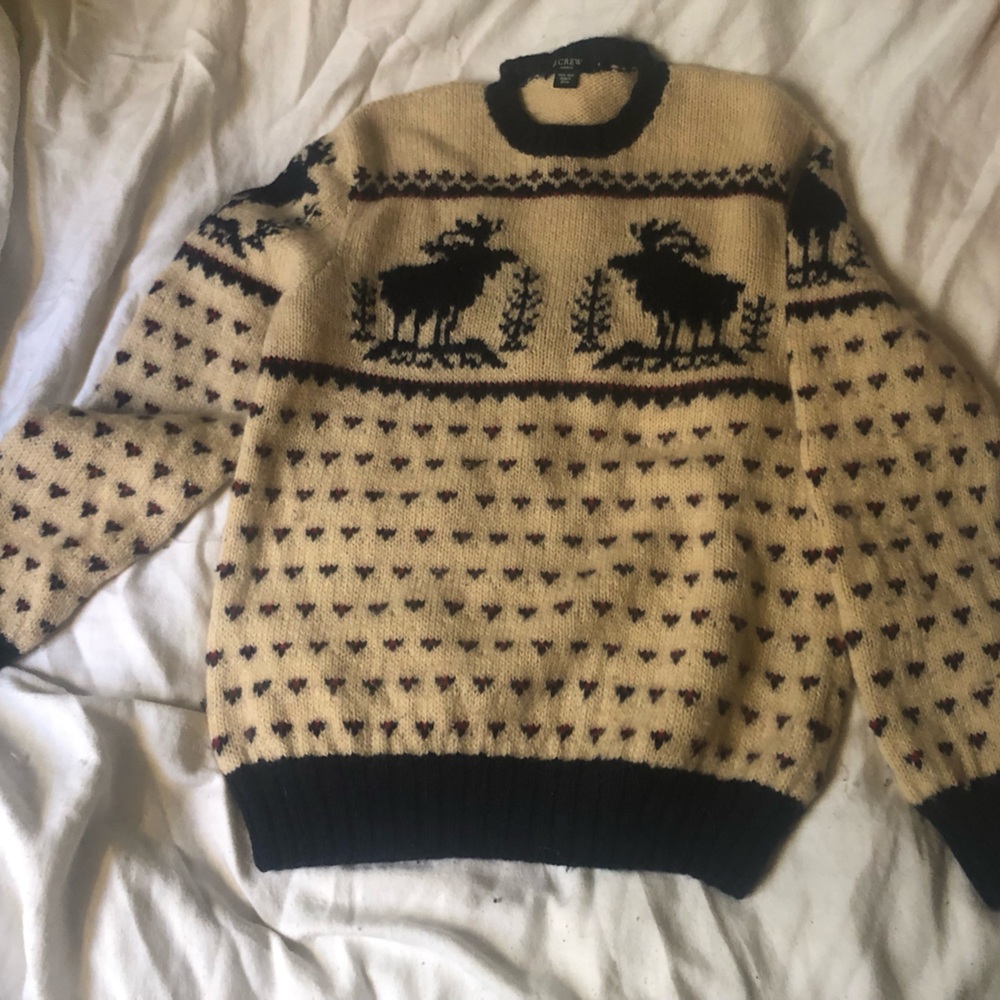 SOLD J Crew Cream & Black Crewneck Wool Sweater w/Nordic Pattern. Med.